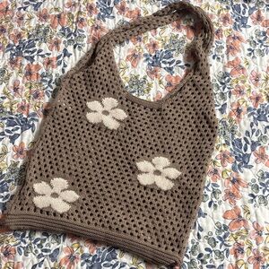 Brown Crochet Flower Tote Bag